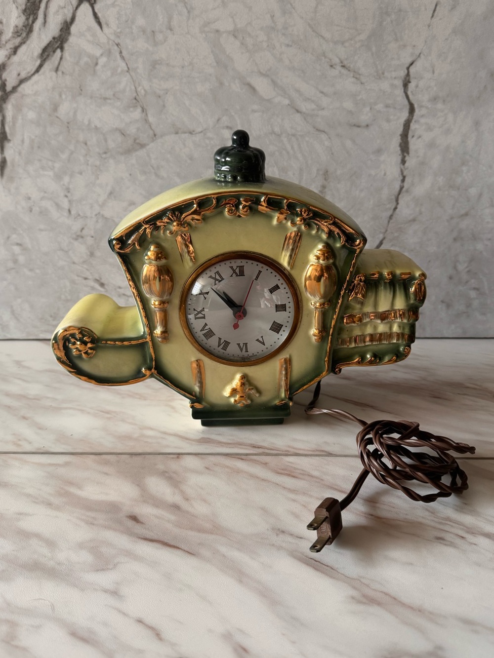 Vintage Cinderella Carriage Ceramic Electric Clock Green Gold Working 11”